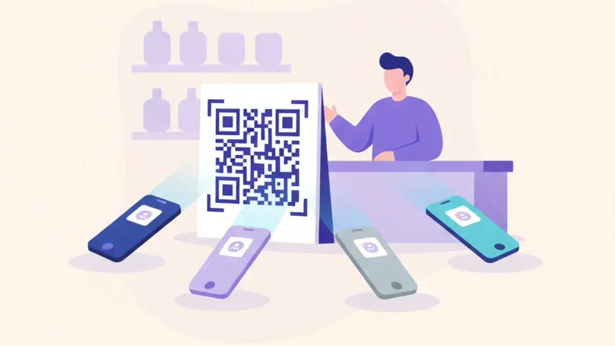 Ilustración de un cartel con un único código QR sobre el mostrador de un comercio, con varios celulares distintos escaneándolo