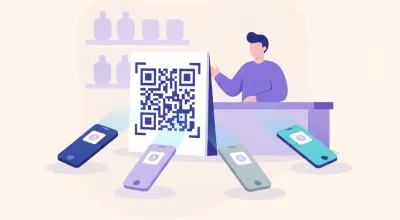Ilustración de un cartel con un único código QR sobre el mostrador de un comercio, con varios celulares distintos escaneándolo