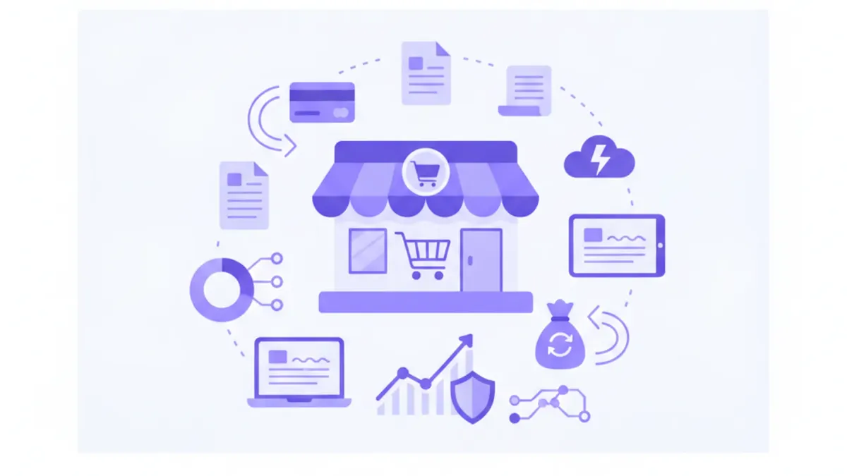 Ilustración flat vector violeta y azul de una tienda online con íconos de tarjetas y facturación electrónica
