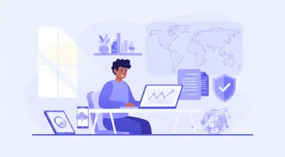 Freelancer argentino trabajando en su laptop con un mapa mundial de fondo, representando el cobro de servicios prestados a clientes del exterior