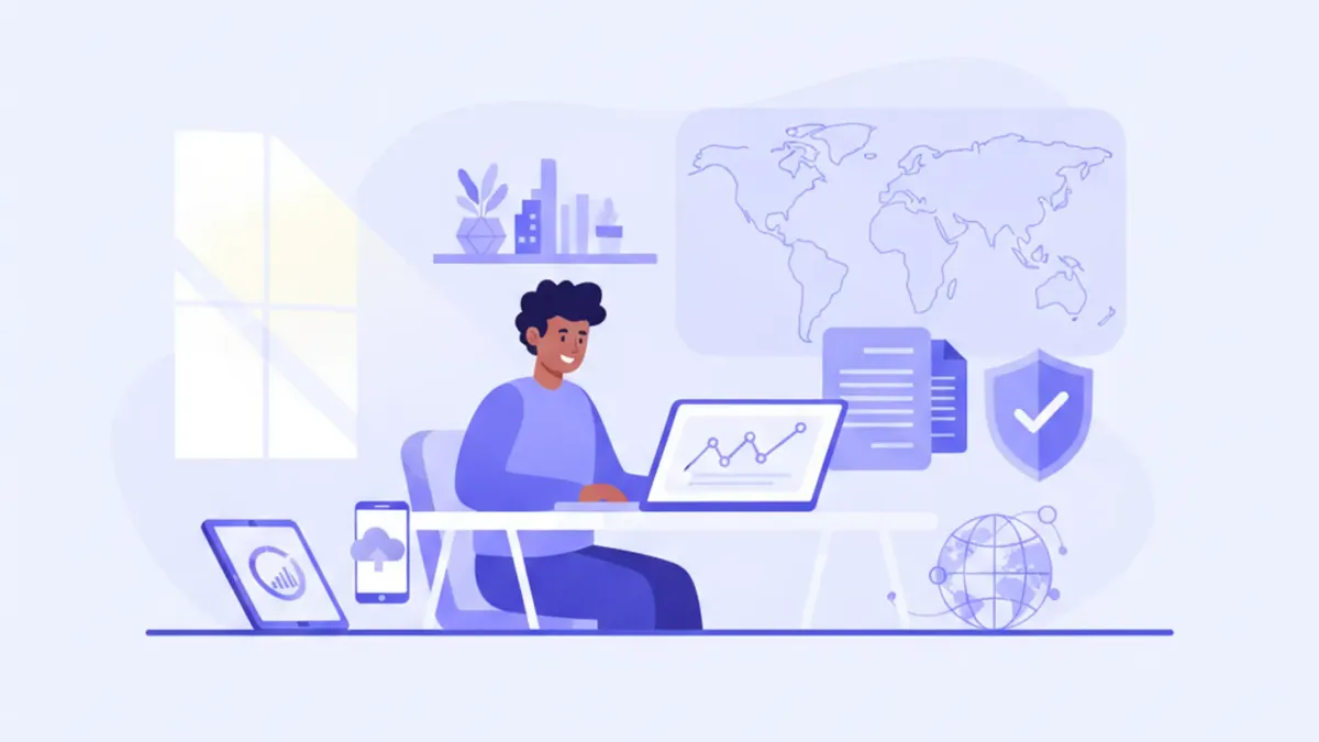 Freelancer argentino trabajando en su laptop con un mapa mundial de fondo, representando el cobro de servicios prestados a clientes del exterior