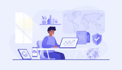 Freelancer argentino trabajando en su laptop con un mapa mundial de fondo, representando el cobro de servicios prestados a clientes del exterior