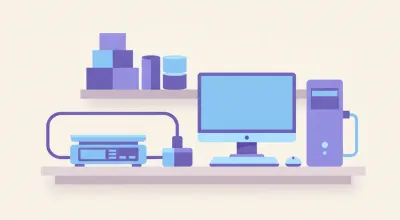 Ilustración de una balanza comercial conectada a una PC por un adaptador USB a puerto serie en el mostrador de un comercio