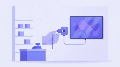 Ilustración de una mano conectando un cable HDMI desde una mini PC a una pantalla montada en la pared de un comercio