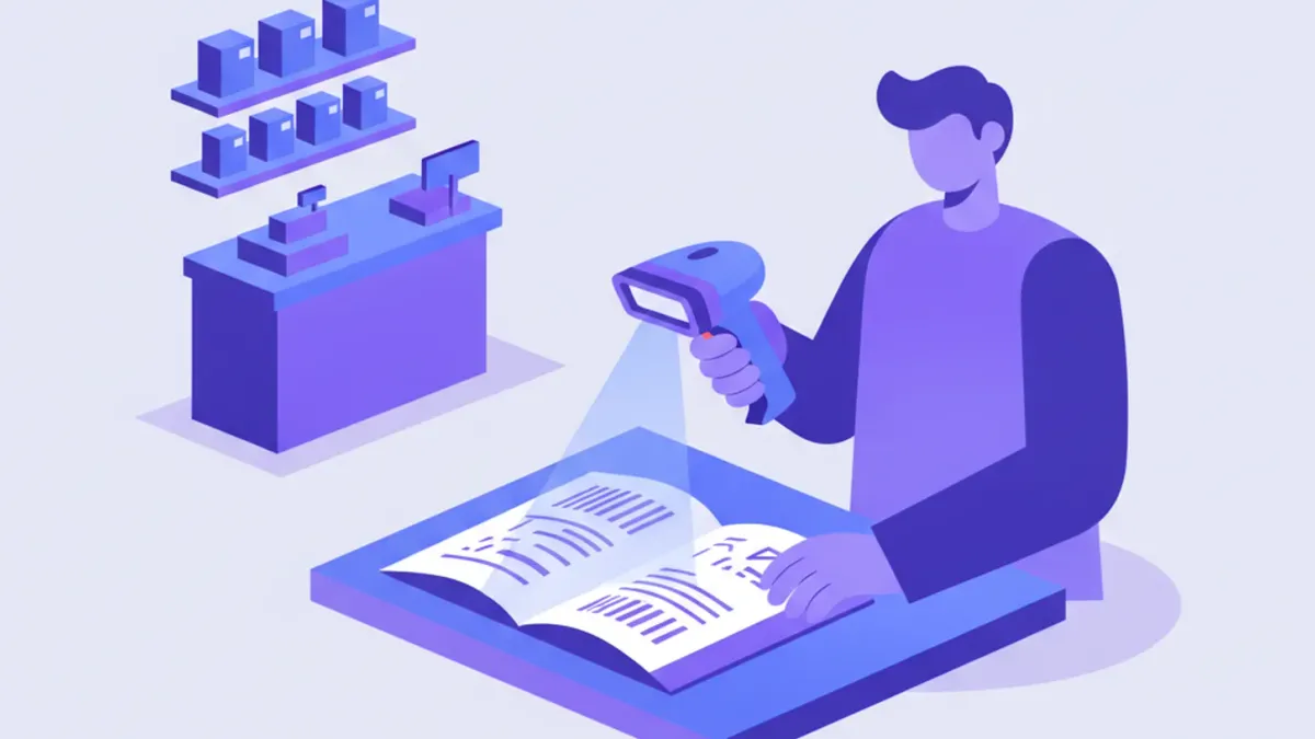 Ilustración de una persona escaneando un código de configuración impreso en el manual de un lector de código de barras