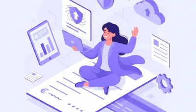Empreendedor brasileiro comemorando primeira venda online no notebook com ícones de NF-e, MEI e gráfico de crescimento ao fundo