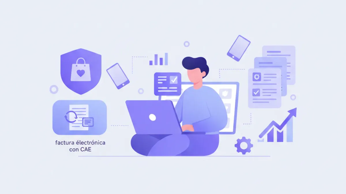Ilustración flat vector violeta y azul de un emprendedor argentino vendiendo online con facturación electrónica