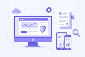 Ilustración vectorial de una pantalla de computadora mostrando la plataforma DIAN con facturas electrónicas