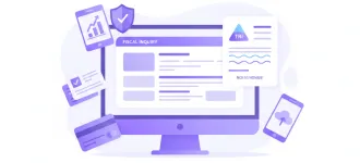Ilustración flat de documentos de identificación fiscal y pantalla de consulta en línea, en tonos violeta y azul