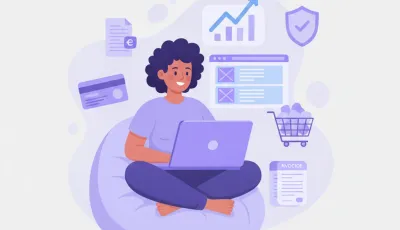 Ilustração flat vector roxo/azul: empreendedor brasileiro configurando loja virtual no notebook, ícones de NF-e, CNPJ, carrinho de compras, gráfico de crescimento ao fundo
