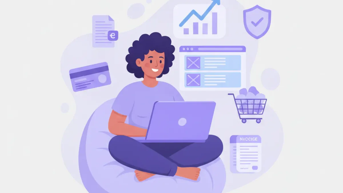 Ilustração flat vector roxo/azul: empreendedor brasileiro configurando loja virtual no notebook, ícones de NF-e, CNPJ, carrinho de compras, gráfico de crescimento ao fundo