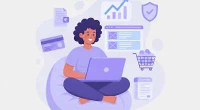 Ilustração flat vector roxo/azul: empreendedor brasileiro configurando loja virtual no notebook, ícones de NF-e, CNPJ, carrinho de compras, gráfico de crescimento ao fundo