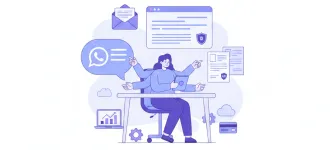 Ilustración vectorial de un agente de soporte atendiendo por WhatsApp, chat web y email con iconos de factura electrónica y CAE