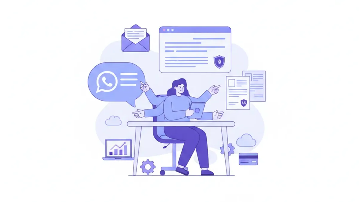 Ilustración vectorial de un agente de soporte atendiendo por WhatsApp, chat web y email con iconos de factura electrónica y CAE