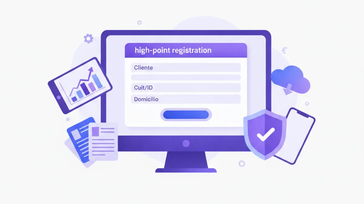 Ilustración flat vector de un panel de administración digital con ícono de punto de venta, facturas electrónicas y escudo de verificación, en tonos violeta y azul