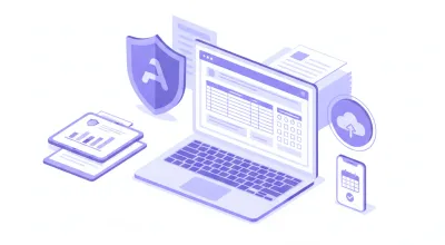 Persona gestionando trámites impositivos en una computadora, escritorio de oficina prolijo con documentos y notebook