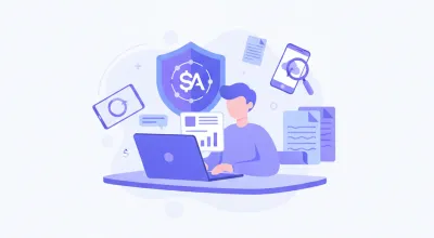 Ilustración vectorial de un emprendedor frente a una pantalla con el logo del SAT y documentos fiscales