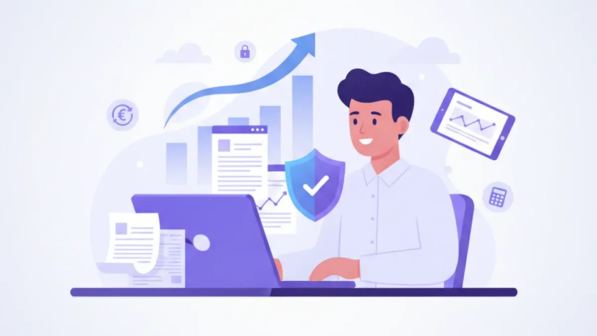 Ilustración vectorial de un empresario revisando su declaración de IVA en una computadora