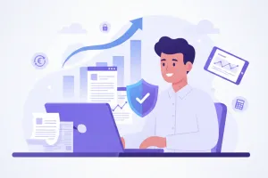 Ilustración vectorial de un empresario revisando su declaración de IVA en una computadora