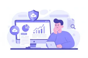 Ilustración vectorial que muestra a una persona revisando su declaración de renta en una computadora