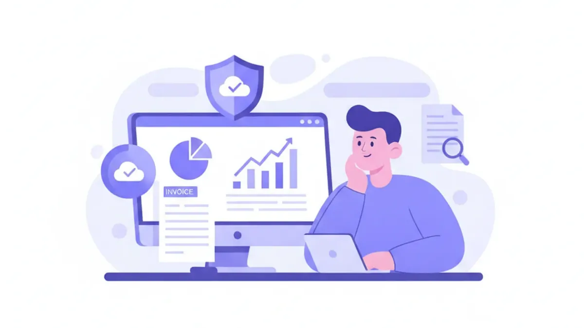 Ilustración vectorial que muestra a una persona revisando su declaración de renta en una computadora