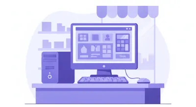 Ilustración de una PC de mostrador con la pantalla completa mostrando el punto de venta apenas se enciende, sin ventana de inicio de sesión de Windows