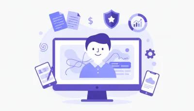 Ilustración vectorial plana que muestra el proceso de descarga de facturas electrónicas CFDI desde el portal del SAT, con íconos de archivos XML y PDF en colores violeta y azul