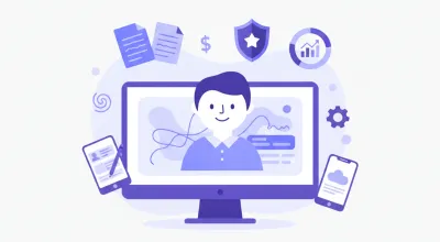 Ilustración vectorial plana que muestra el proceso de descarga de facturas electrónicas CFDI desde el portal del SAT, con íconos de archivos XML y PDF en colores violeta y azul