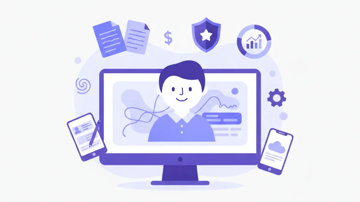Ilustración vectorial plana que muestra el proceso de descarga de facturas electrónicas CFDI desde el portal del SAT, con íconos de archivos XML y PDF en colores violeta y azul