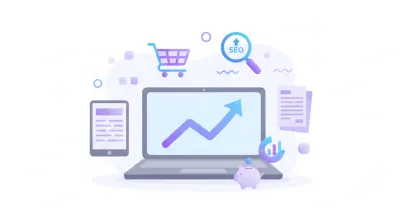 Ilustração vetorial flat em tons violeta e azul: laptop com gráfico de crescimento, ícones de carrinho, lupa SEO, megafone marketing, nota fiscal NF-e, smartphone com live commerce, setas de conversão