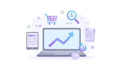 Ilustração vetorial flat em tons violeta e azul: laptop com gráfico de crescimento, ícones de carrinho, lupa SEO, megafone marketing, nota fiscal NF-e, smartphone com live commerce, setas de conversão