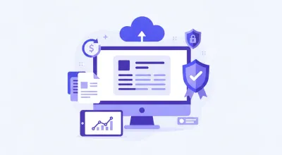 Ilustración vectorial de una factura electrónica en pantalla con íconos de nube y certificado digital