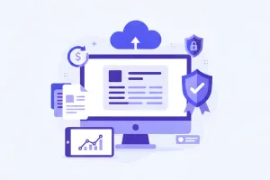 Ilustración vectorial de una factura electrónica en pantalla con íconos de nube y certificado digital