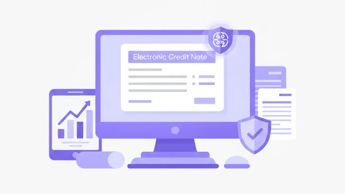Ilustración vectorial de una nota de crédito electrónica con íconos de SII y computadora