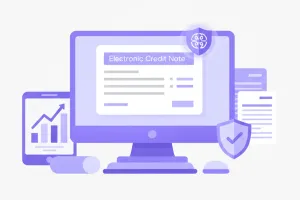 Ilustración vectorial de una nota de crédito electrónica con íconos de SII y computadora