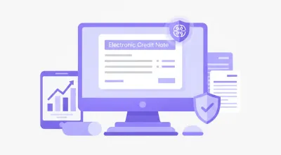 Ilustración vectorial de una nota de crédito electrónica con íconos de SII y computadora