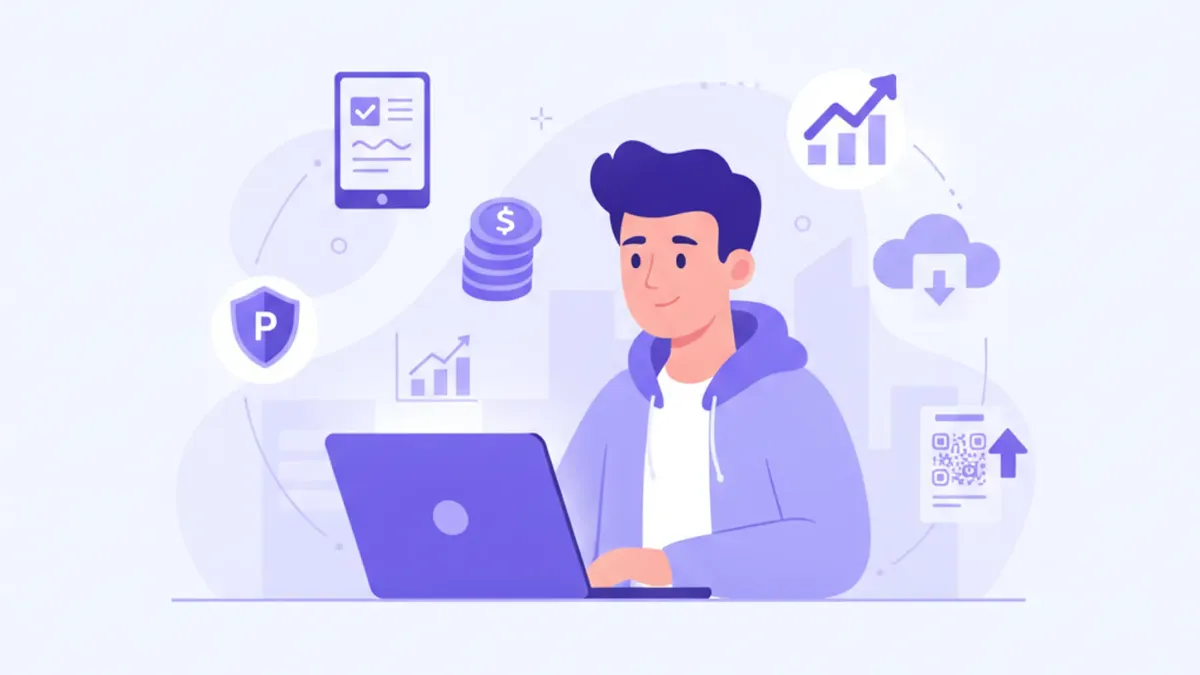 Emprendedor argentino frente a laptop con gráficos de crecimiento y factura electrónica, ilustración flat vector en violeta y azul
