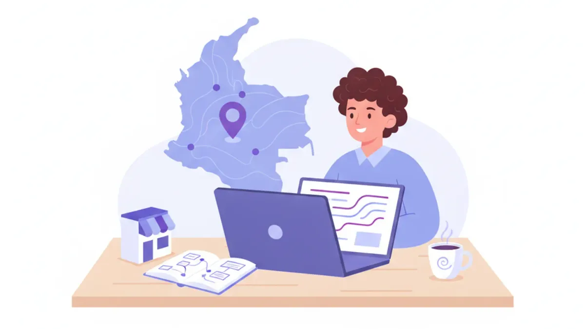 Persona sonriente frente a un portátil, con un mapa de Colombia y un marcador, una maqueta de tienda, un cuaderno con un esquema de pasos y una taza de café