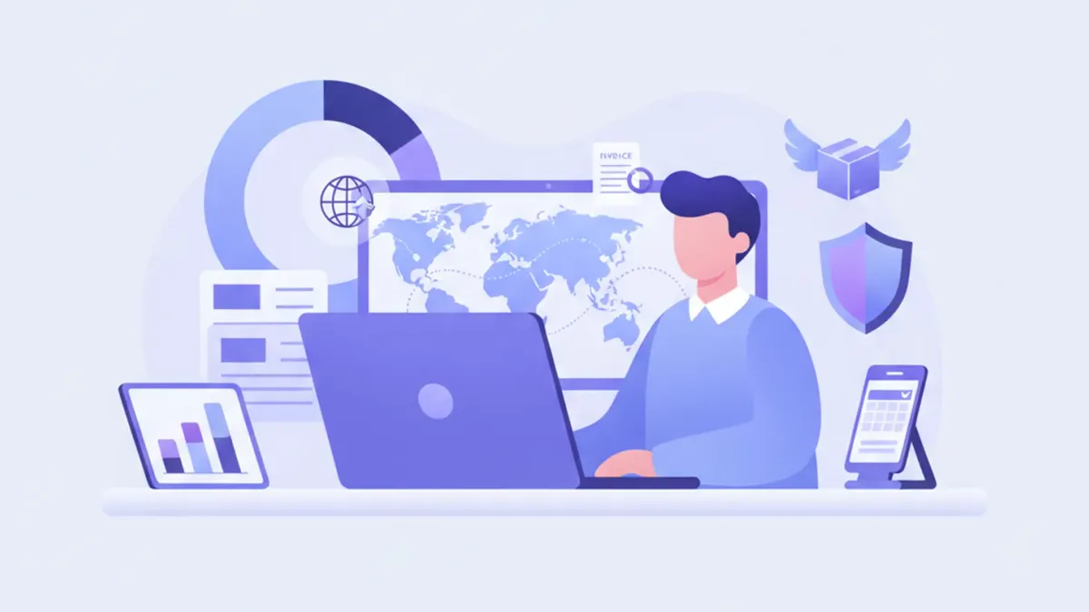 Freelancer argentino trabajando en su laptop con un mapa mundial y elementos de comercio internacional en el escritorio