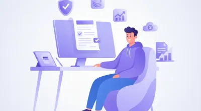 Profesional independiente emitiendo factura electrónica CFE en Uruguay desde su computadora, con íconos de DGI, BPS y pesos uruguayos en estilo flat vector violeta y azul