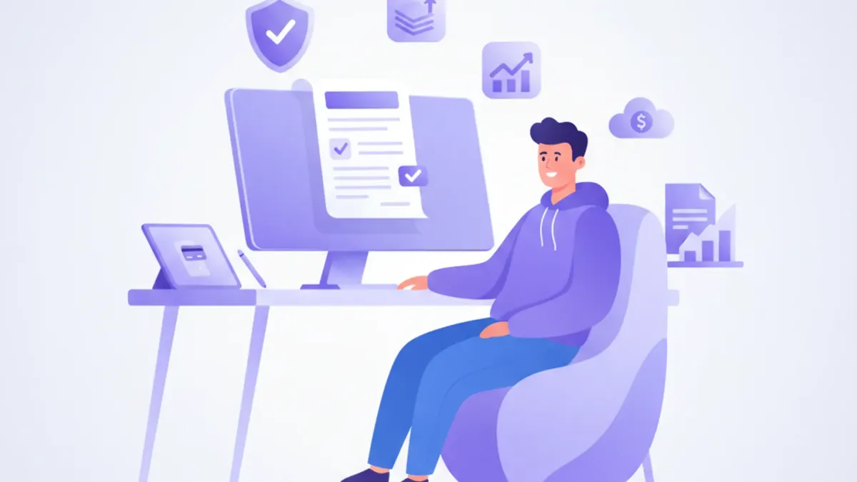 Profesional independiente emitiendo factura electrónica CFE en Uruguay desde su computadora, con íconos de DGI, BPS y pesos uruguayos en estilo flat vector violeta y azul