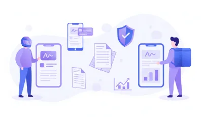 Ilustración vectorial de conductor y repartidor con íconos de plataformas digitales y documento CFDI del SAT en tonos violeta y azul