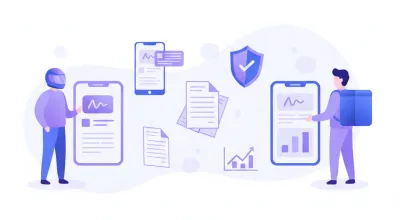 Ilustración vectorial de conductor y repartidor con íconos de plataformas digitales y documento CFDI del SAT en tonos violeta y azul