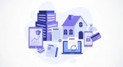 Ilustración de un edificio con un documento de factura electrónica y los logos del SAT y CFDI sobre fondo violeta y azul
