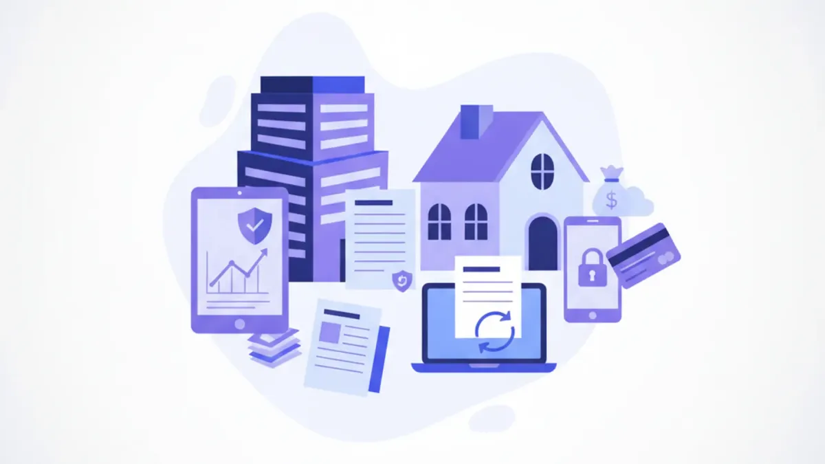 Ilustración de un edificio con un documento de factura electrónica y los logos del SAT y CFDI sobre fondo violeta y azul