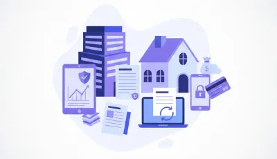 Ilustración de un edificio con un documento de factura electrónica y los logos del SAT y CFDI sobre fondo violeta y azul