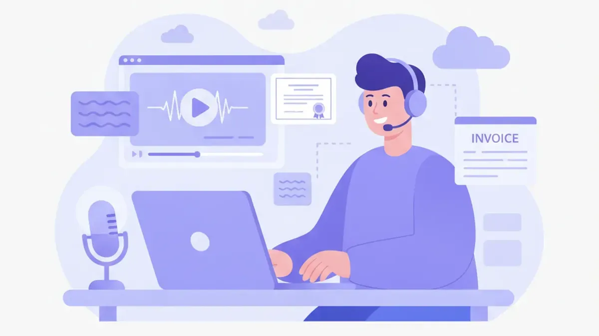 Docente grabando una lección en su notebook con un reproductor de video y un certificado en pantalla