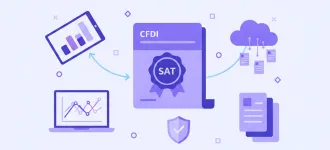 Diagrama vectorial plano de factura de honorarios con iconos de RFC, ISR e IVA en tonos violeta y azul