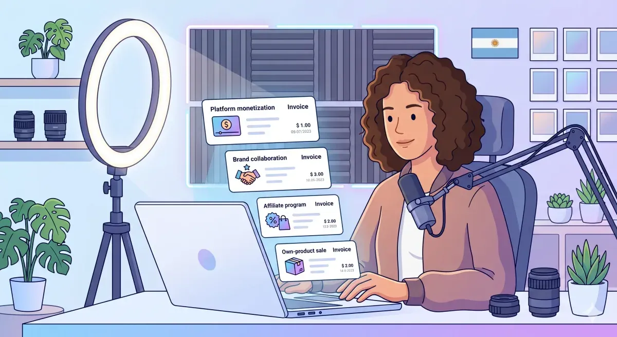 Creadora de contenido frente a su cámara y notebook gestionando facturas de YouTube AdSense, Twitch y marcas anunciantes