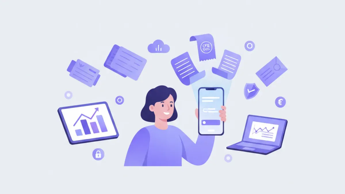 Ilustración de un emprendedor uruguayo emitiendo un ticket electrónico desde su celular, con íconos de la DGI y el BPS